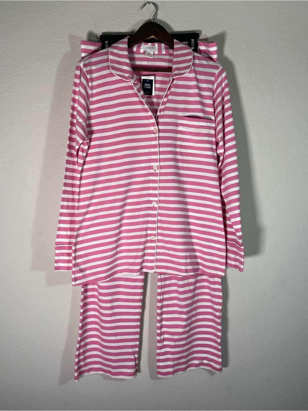 J Crew Fac Long Sleeve Knit Pajama Set in Pink Stripe Size Medium Top and Bottom